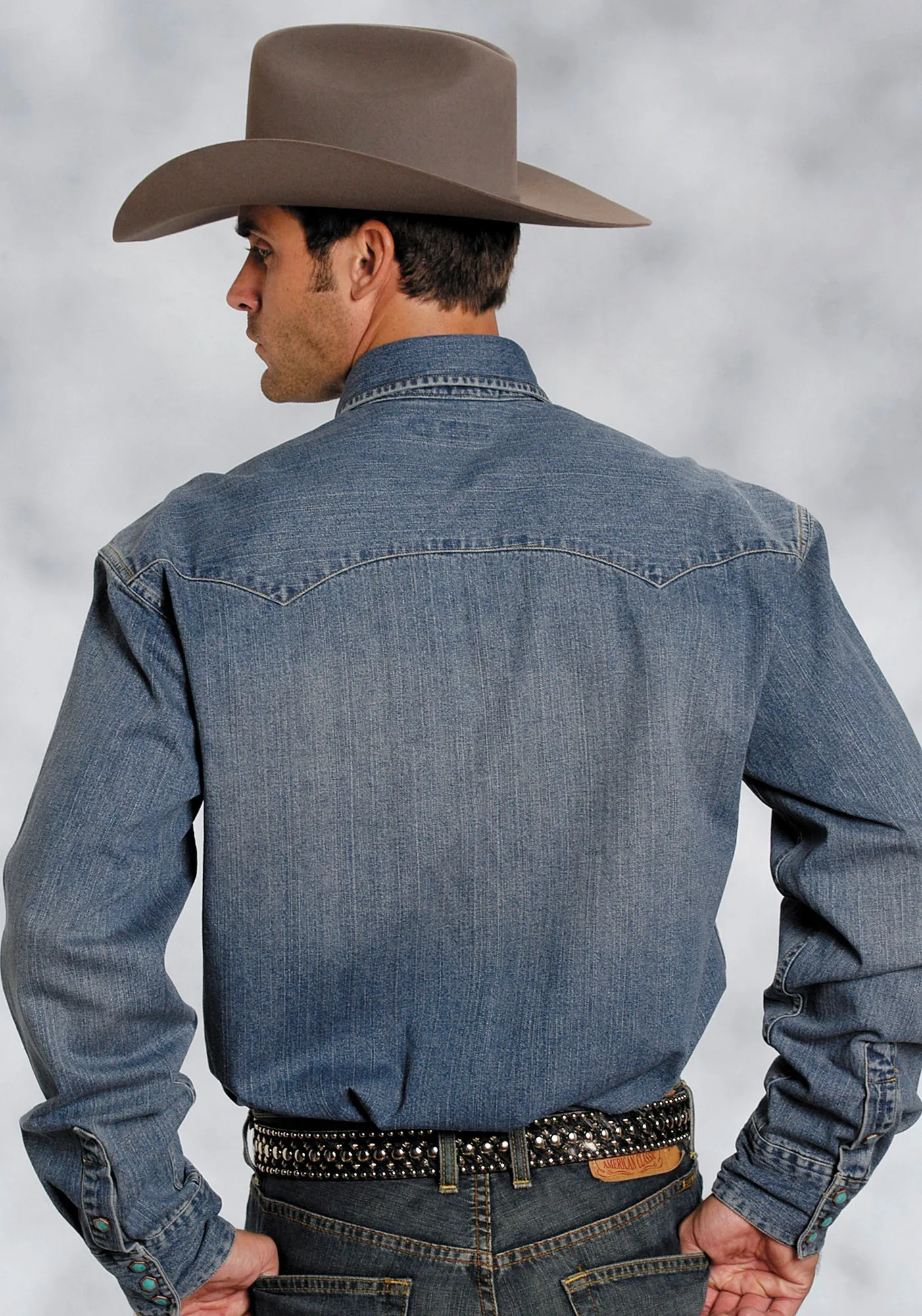 Traveler??s Choice Monochrome Palette Stetson Mens Blue 100% Cotton L/S Designer Denim Snap Western Shirt