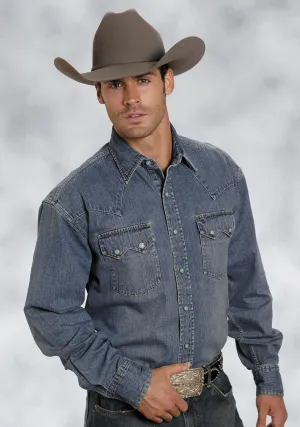Stetson Mens Blue 100% Cotton L/S Designer Denim Snap Western Shirt Colorfast Dye Premium Style Stetson Mens Blue 100% Cotton L/S Designer Denim Snap Western Shirt