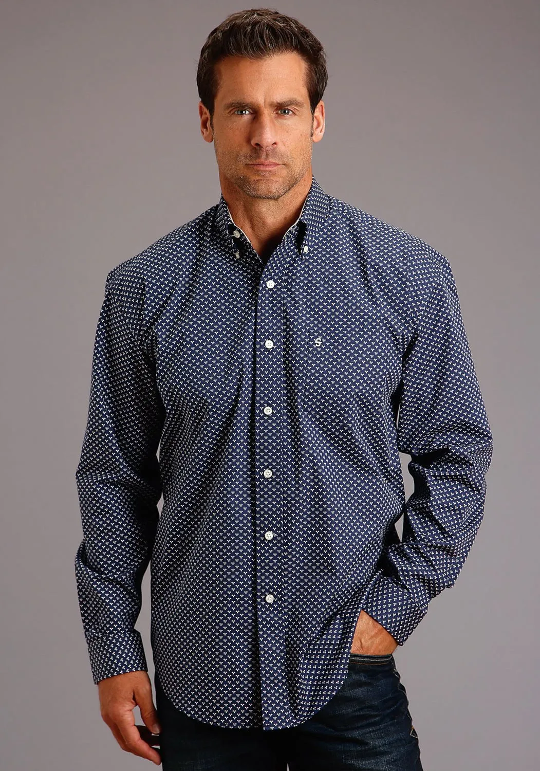 Non Irritating Tags Stetson Mens Blue 100% Cotton Polaris Geo BD L/S 1 Pocket Shirt