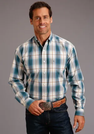 Stetson Mens Blue 100% Cotton Steel Ombre BD L/S 1 Pocket Shirt Contrast Stitch Bold Graphics Non Chafe Seams Stetson Mens Blue 100% Cotton Steel Ombre BD L/S 1 Pocket Shirt