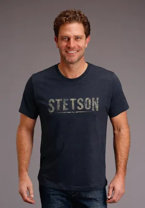 Stetson Mens Blue Cotton Blend Distressed Logo S/S T-Shirt Compact Weave Material Work From Home Comfort Fit Stetson Mens Blue Cotton Blend Distressed Logo S/S T-Shirt