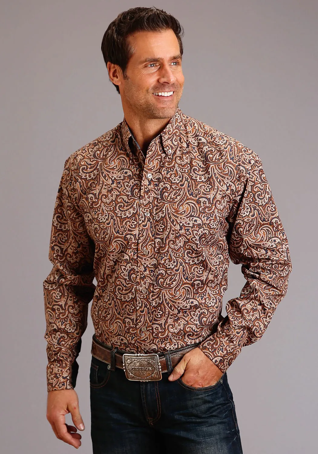 Stetson Mens Brown 100% Cotton Leather Paisley BD L/S 1 Pocket Shirt Graduation Attire