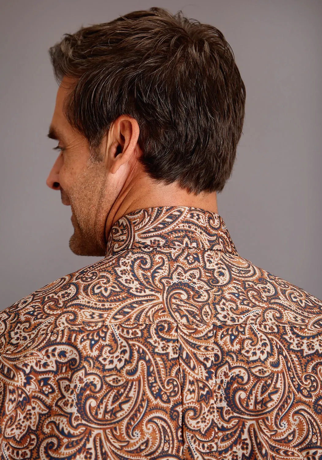 Stetson Mens Brown 100% Cotton Leather Paisley BD L/S 1 Pocket Shirt Autumn Look