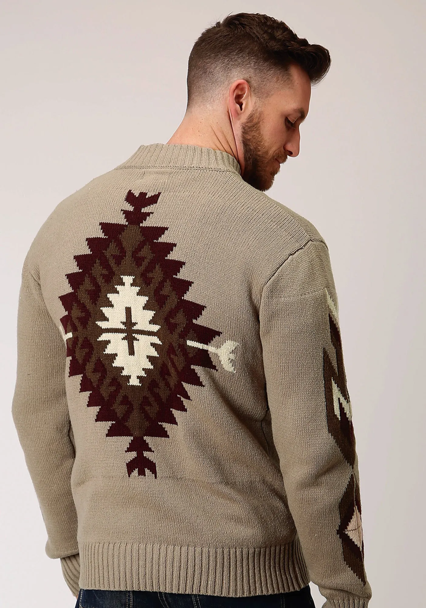 Stetson Mens Brown/Tan Cotton/Wool Aztec Pattern Cardigan Loose style
