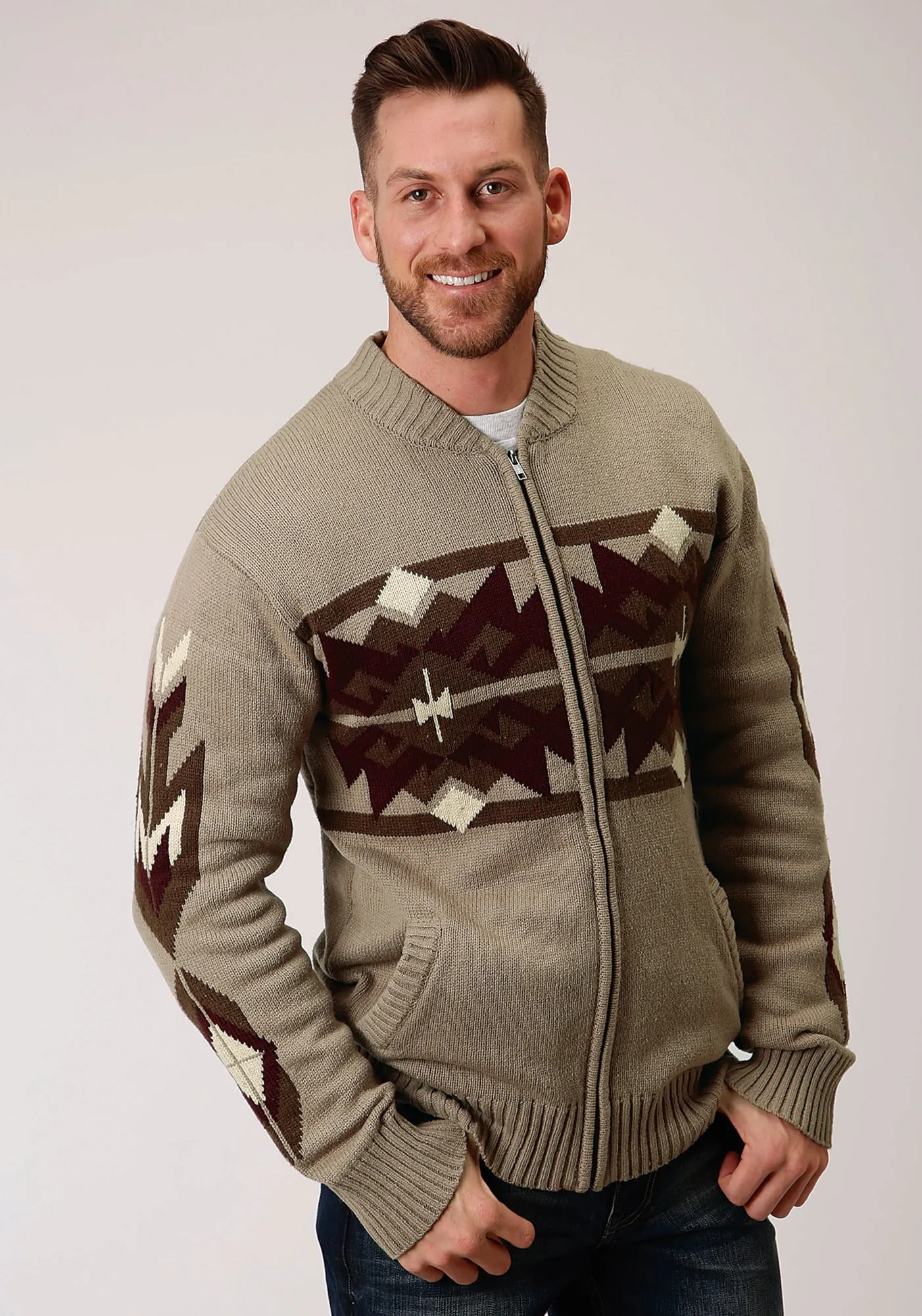 Stetson Mens Brown/Tan Cotton/Wool Aztec Pattern Cardigan Athletic Cut Chic Ensemble