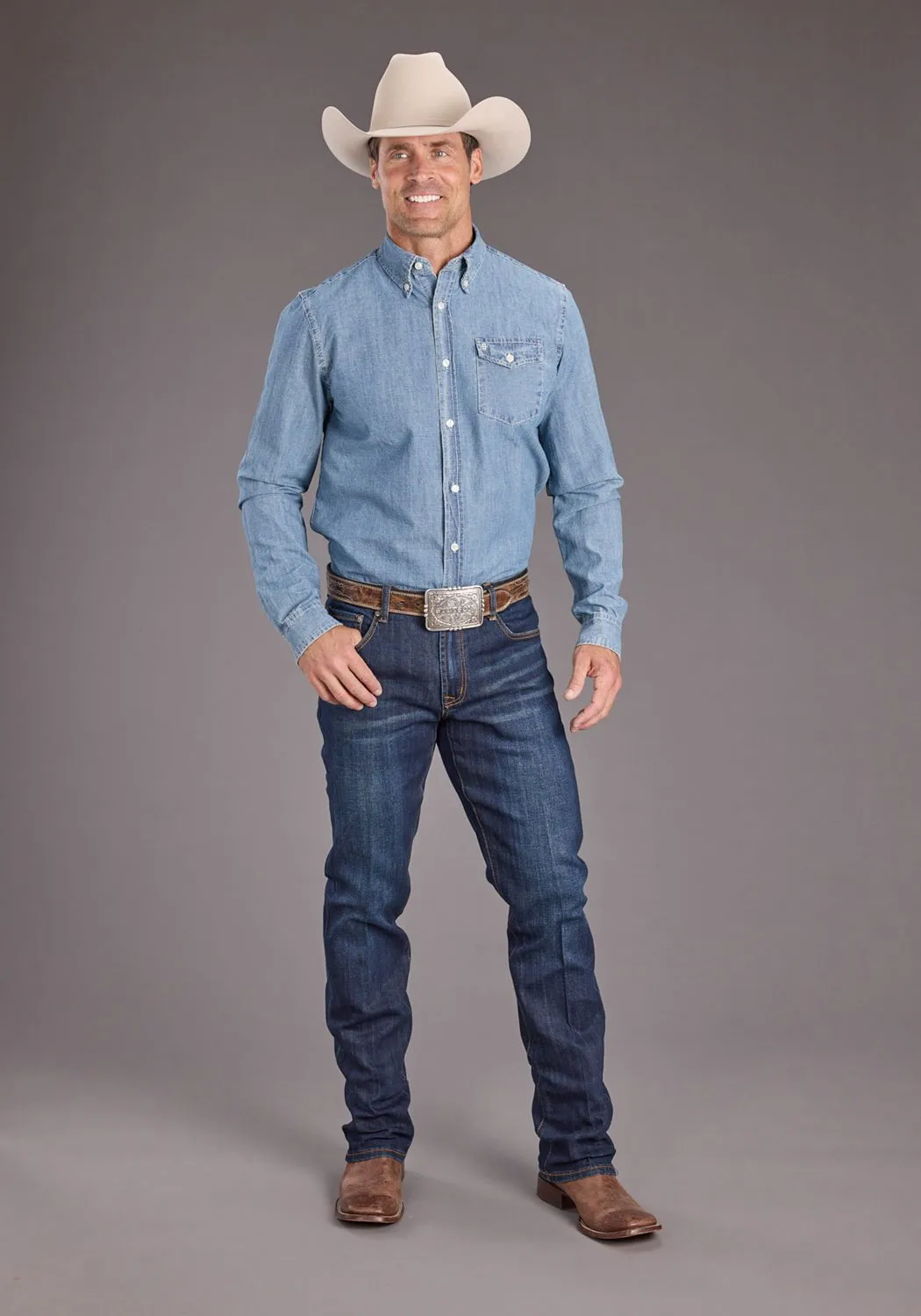 Polished Look Iconic look Stetson Mens Chambray 1 Pocket Blue 100% Cotton 1 Pkt L/S Shirt