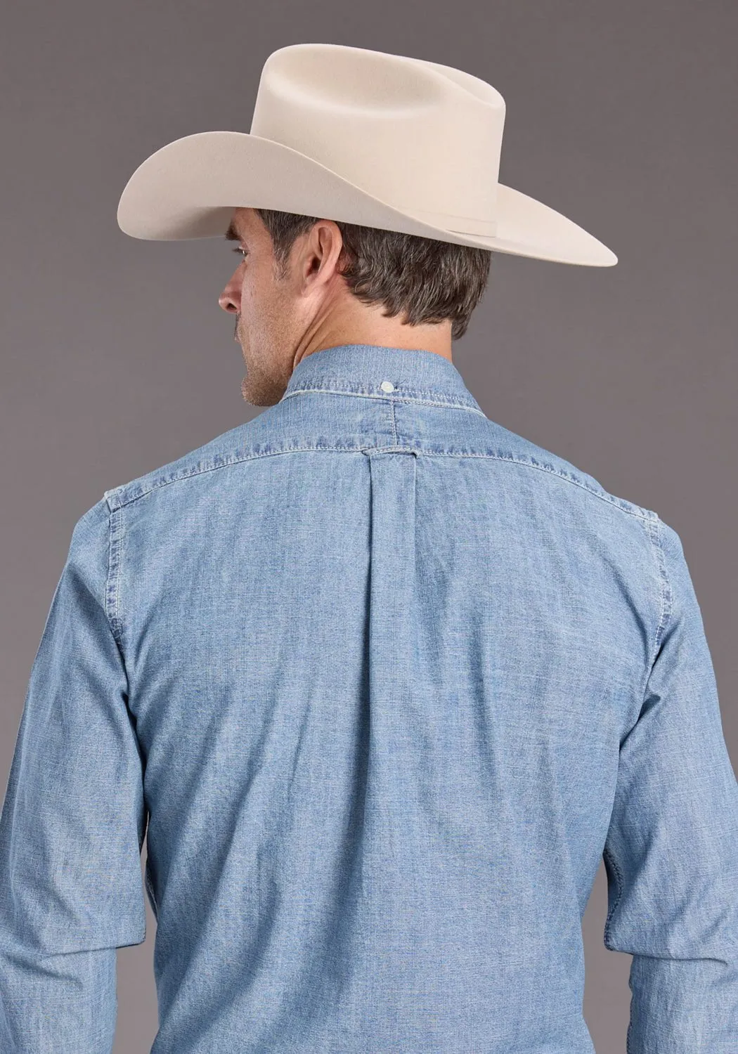 Essential Wardrobe Reinforced Hems Stetson Mens Chambray 1 Pocket Blue 100% Cotton 1 Pkt L/S Shirt
