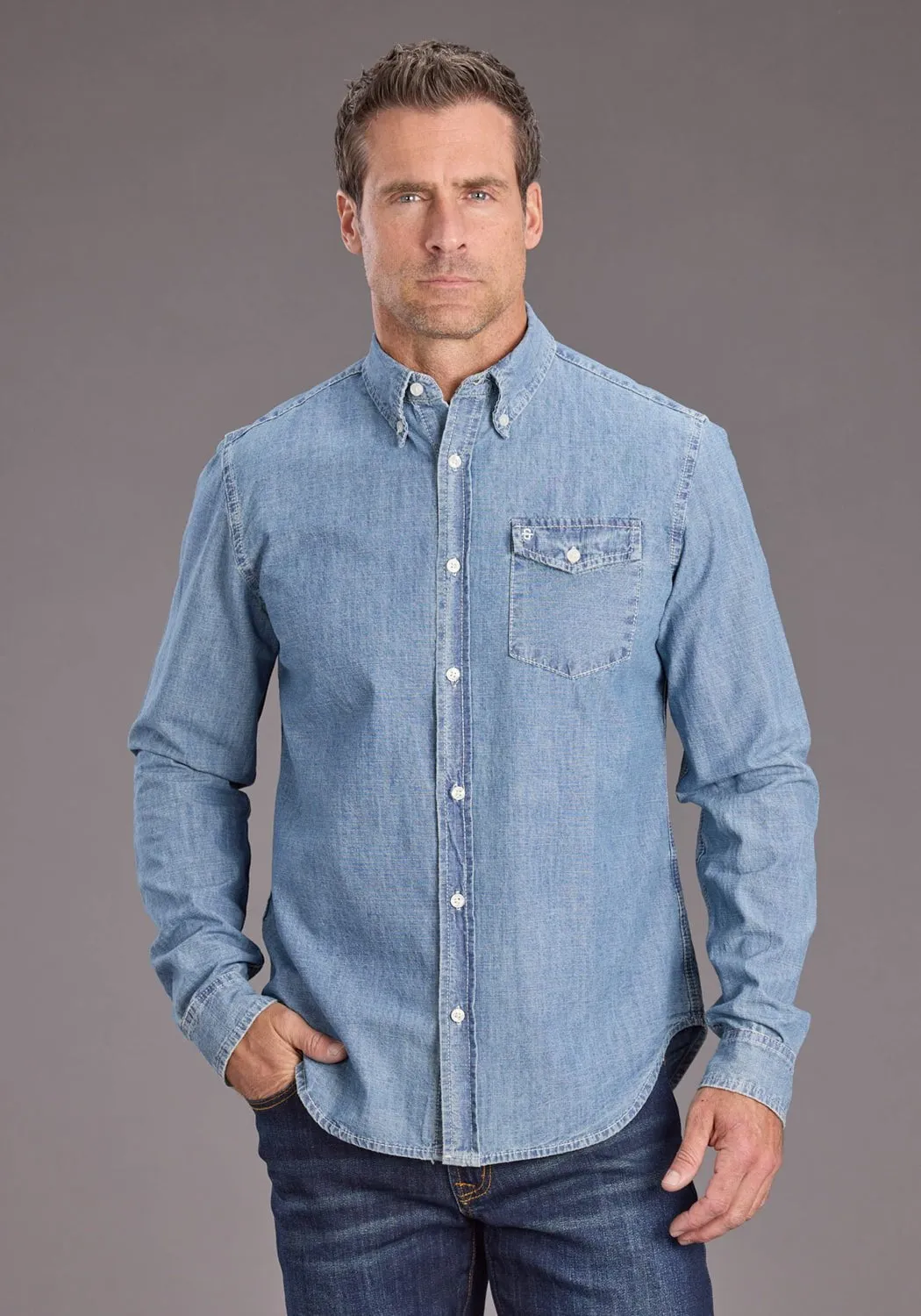 Stetson Mens Chambray 1 Pocket Blue 100% Cotton 1 Pkt L/S Shirt Minimal Design Comfort Fit