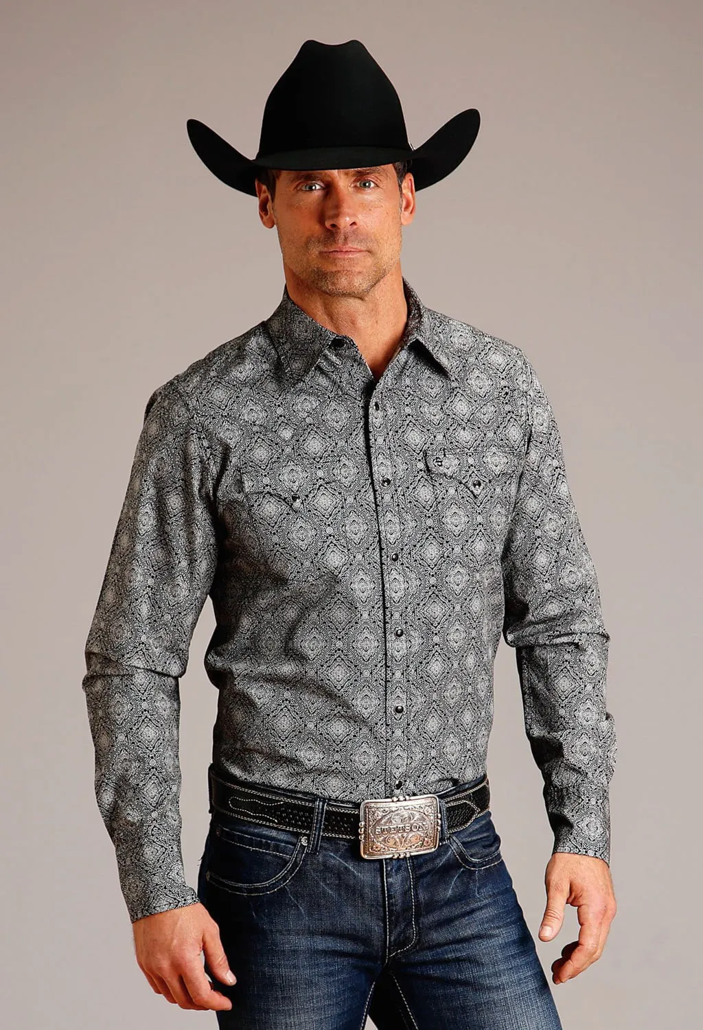 Stetson Mens Classic Medallion Black 100% Cotton L/S Shirt Durable Stitching Holiday Gift