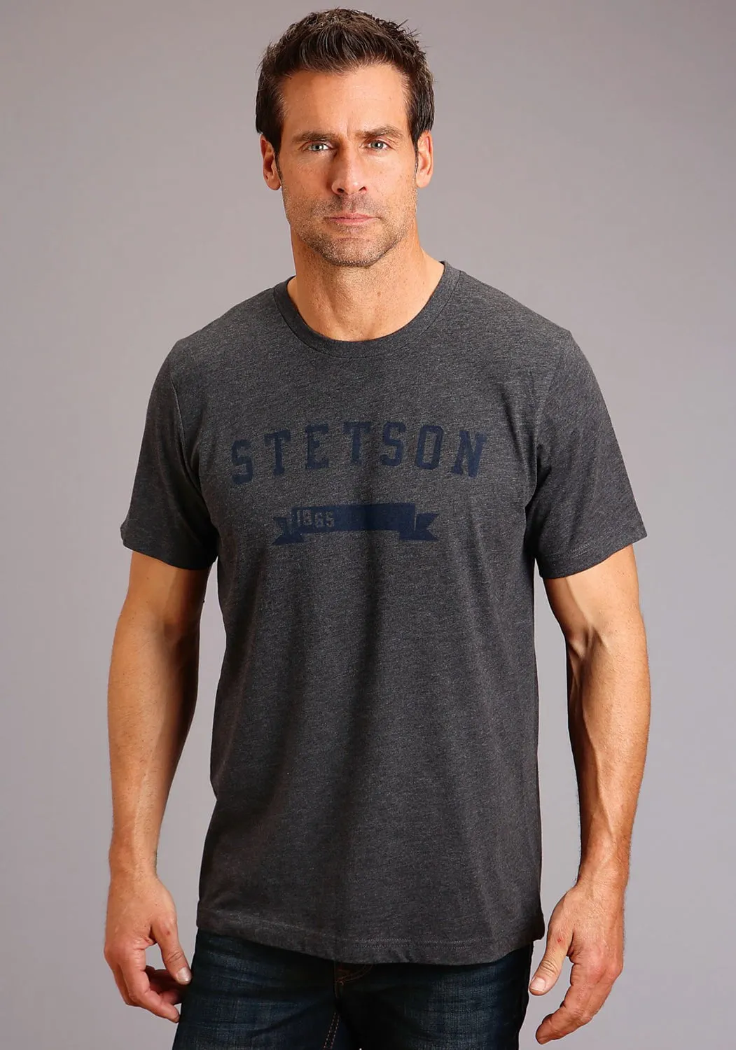 Low Profile Pocket Design Stetson Mens Dark Grey Cotton Blend Banner 1865 S/S T-Shirt