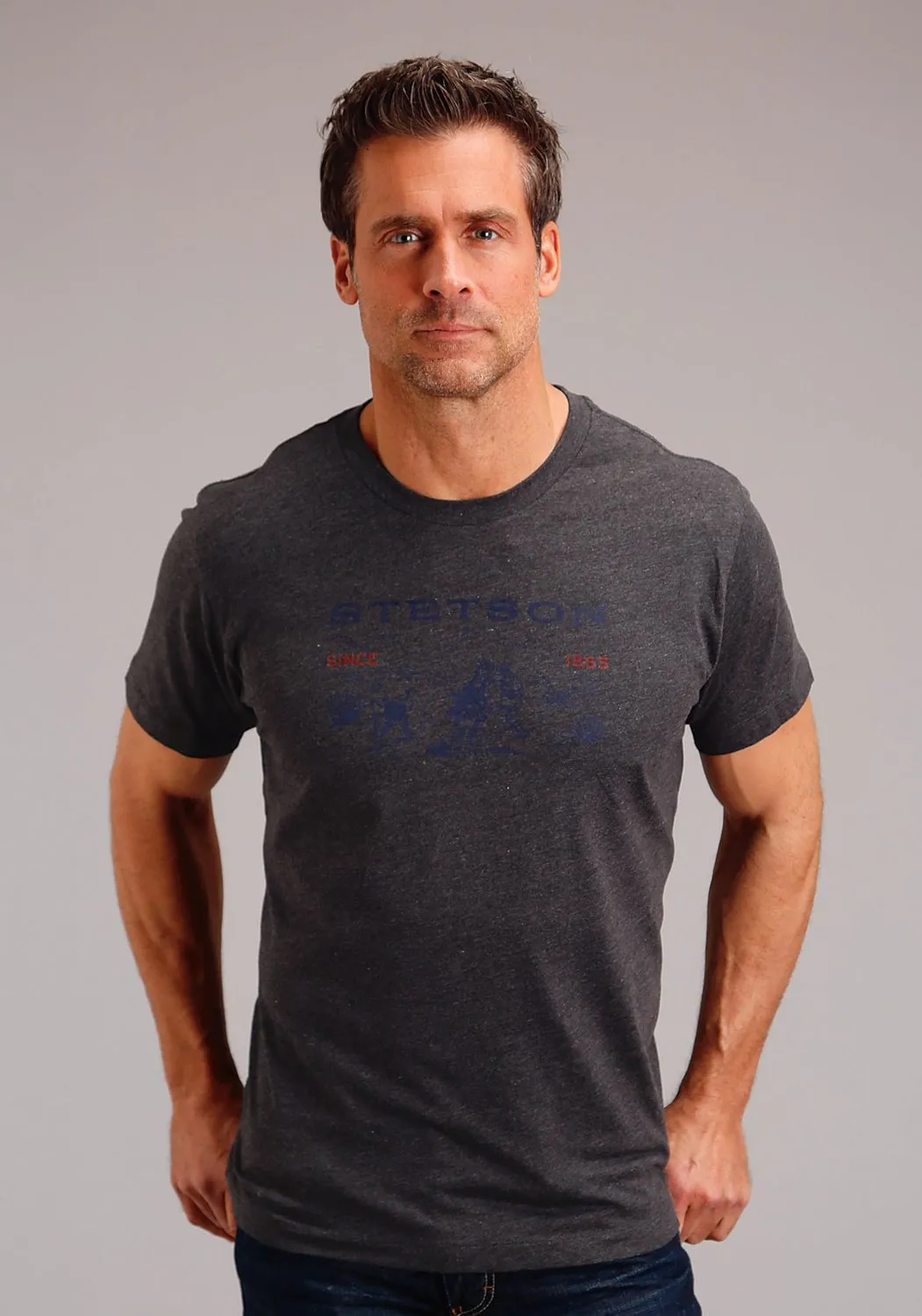 Stetson Mens Dark Grey Cotton Blend Desert Scene S/S T-Shirt Comfortable Wear Polished Finish