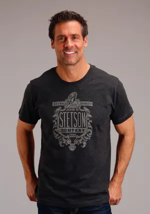 Stetson Mens Dark Grey Cotton Blend Quality Logo S/S T-Shirt Relaxed Outfits Regular Fit Striped Design Stetson Mens Dark Grey Cotton Blend Quality Logo S/S T-Shirt