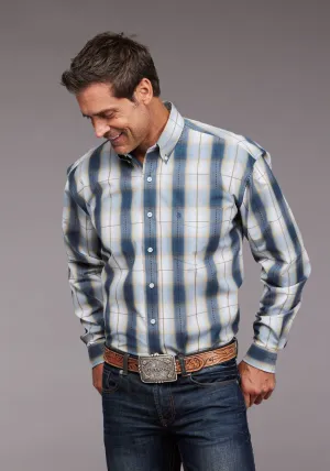 Stetson Mens Denim Dobby Plaid Blue 100% Cotton 1 Pkt L/S Shirt Graphic Style Active Layer Stetson Mens Denim Dobby Plaid Blue 100% Cotton 1 Pkt L/S Shirt