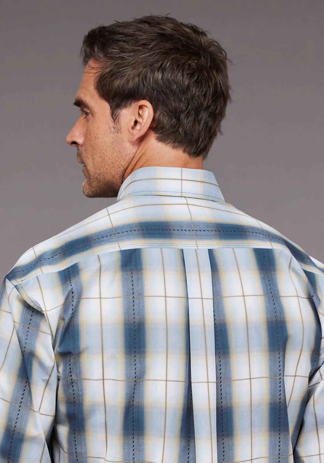 Smooth Finish Reinforced Collar Stetson Mens Denim Dobby Plaid Blue 100% Cotton 1 Pkt L/S Shirt