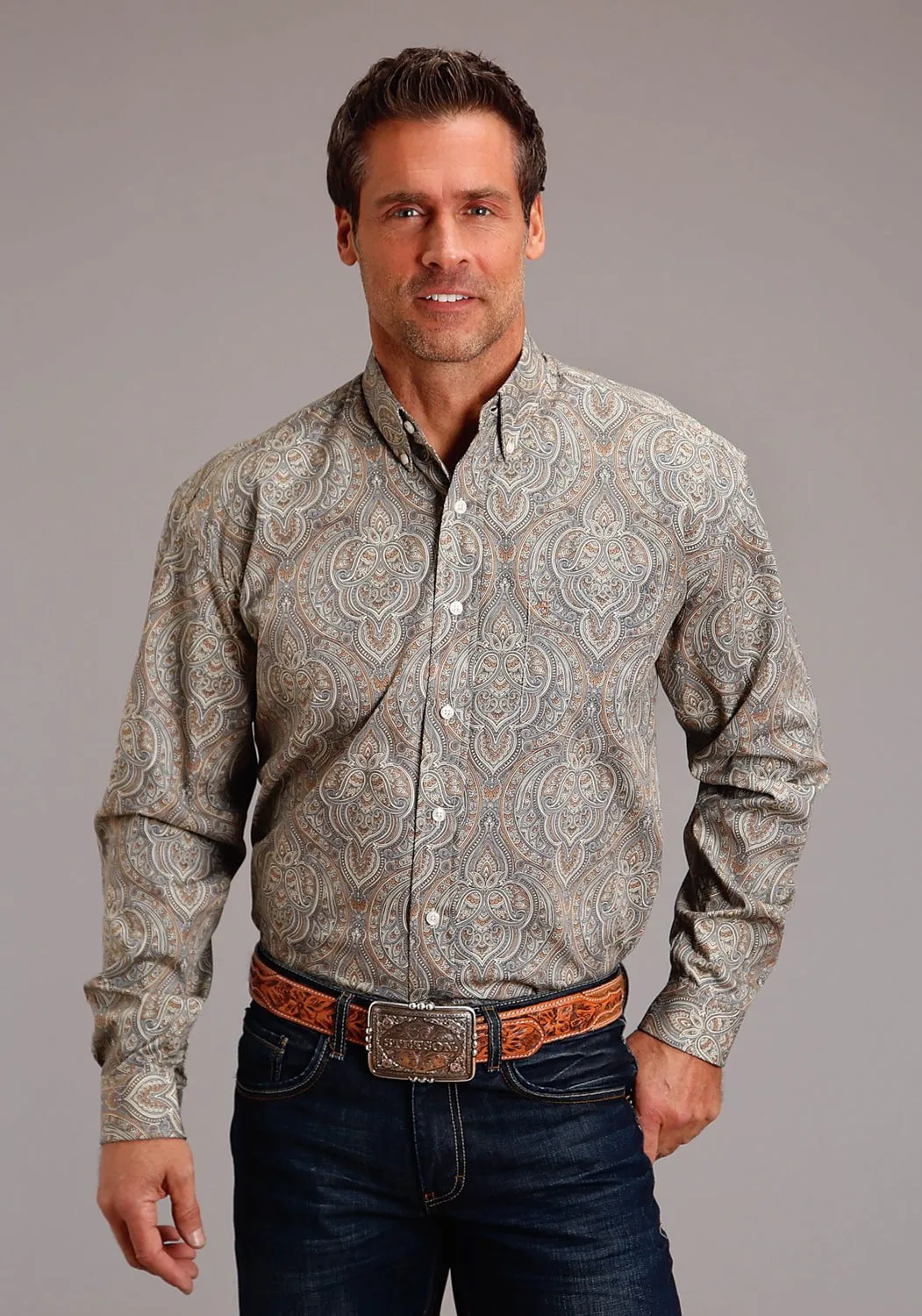 Stetson Mens Desert Medallion Paisley Brown 100% Cotton L/S Shirt Odor control Youthful Style