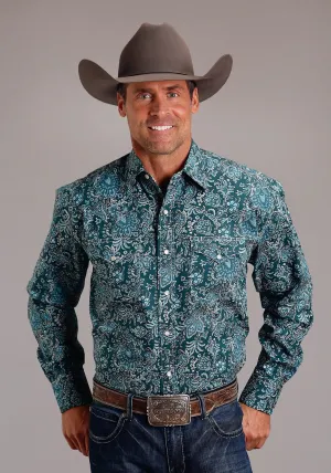 Stetson Mens Forest Paisley Green 100% Cotton L/S Shirt Moisture Wicking Fabric Stetson Mens Forest Paisley Green 100% Cotton L/S Shirt Luxury Feel