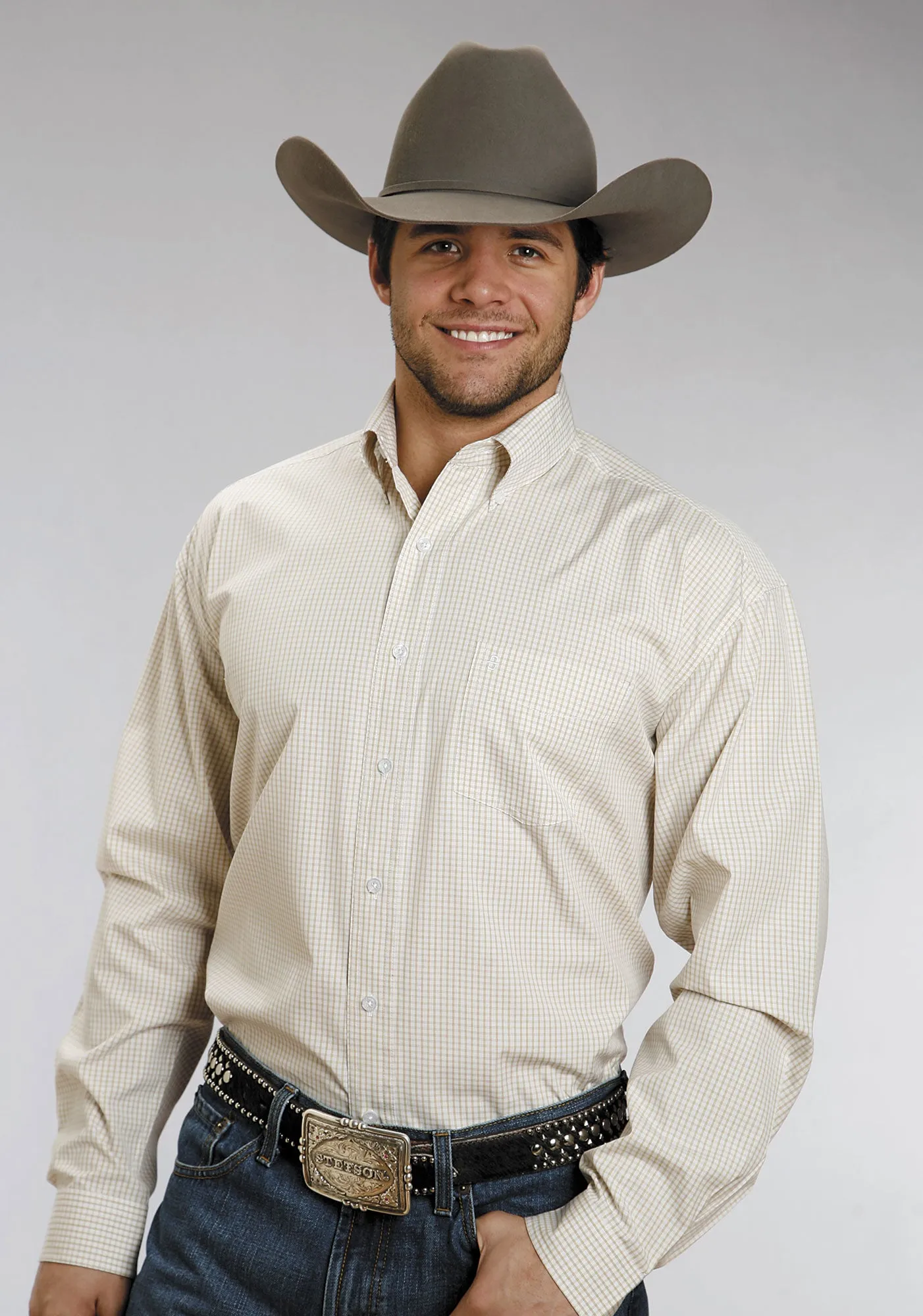 Stetson Mens Gold Tw Yellow o Stripe Check 100% Cotton L/S Western Shirt Flexible Knit youth trend