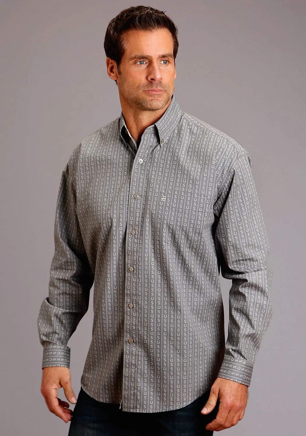 Bold Graphics Trendy Daywear Stetson Mens Grey 100% Cotton Horseshoe Stripe BD L/S Shirt