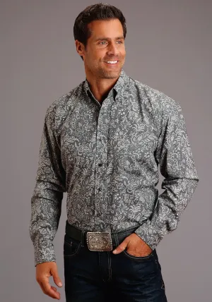Stetson Mens Grey 100% Cotton Silver Paisley BD L/S 1 Pocket Shirt Asymmetrical hem Flatlock stitching Stetson Mens Grey 100% Cotton Silver Paisley BD L/S 1 Pocket Shirt