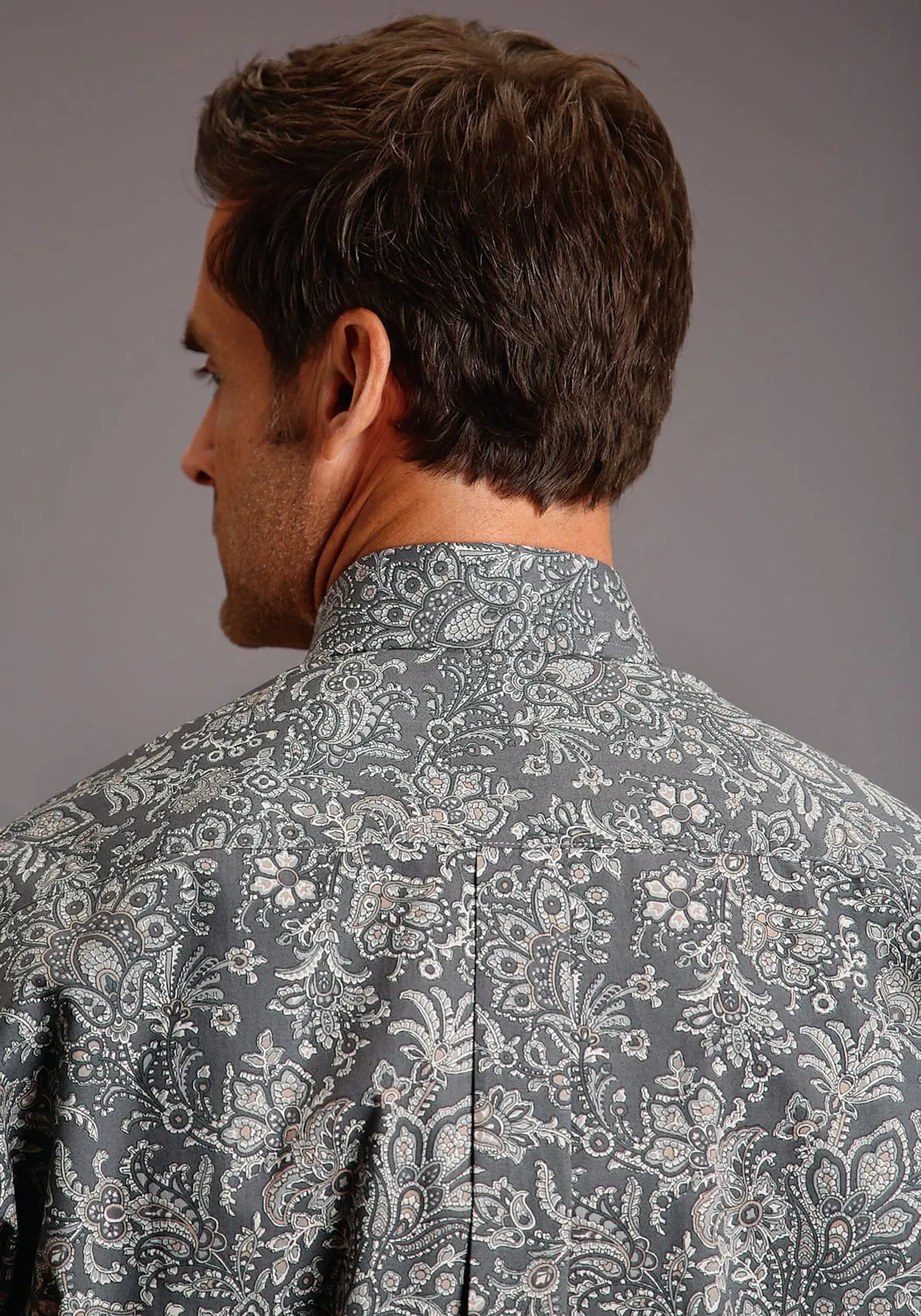 Fade Resistant Formula Stetson Mens Grey 100% Cotton Silver Paisley BD L/S 1 Pocket Shirt