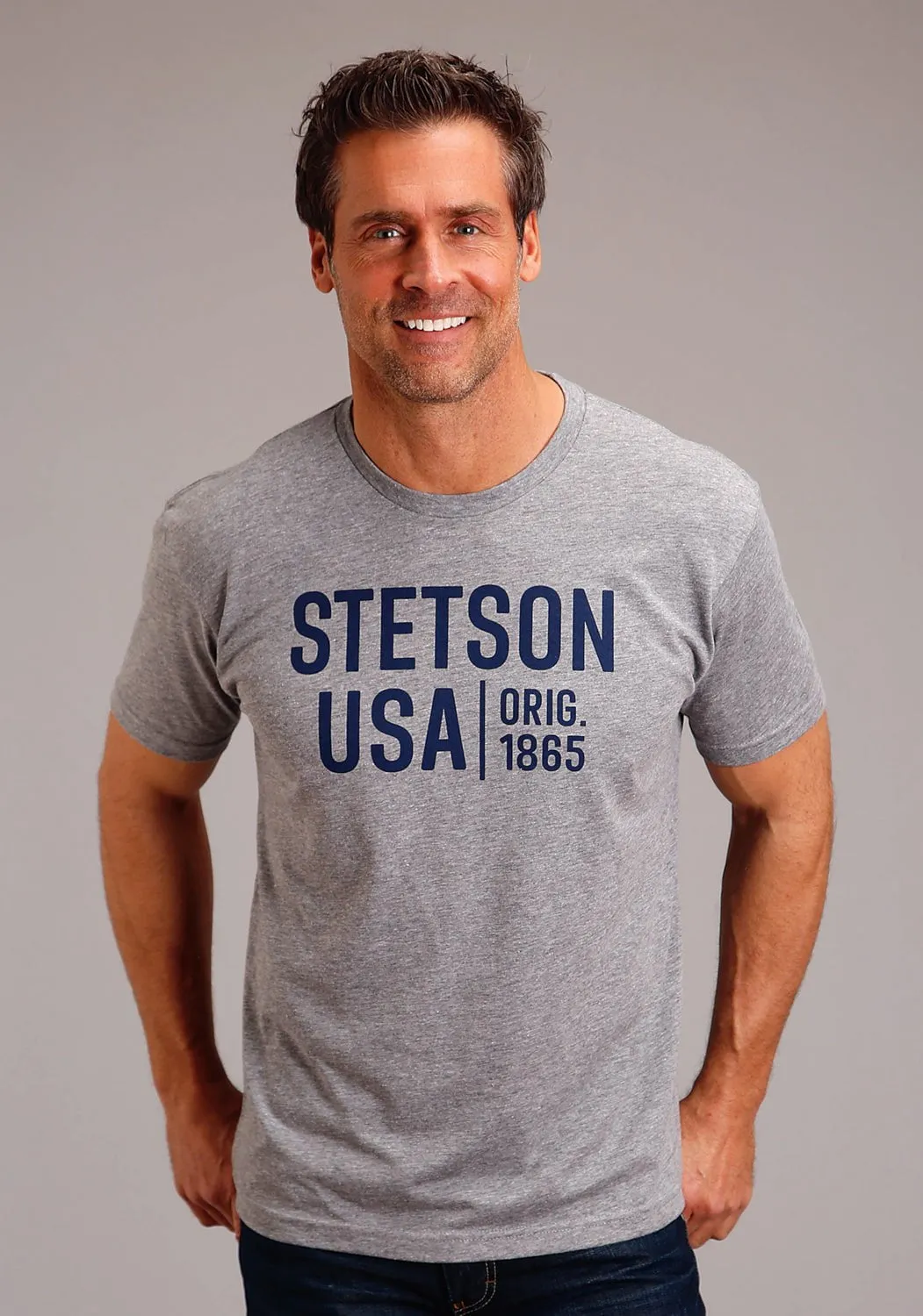 Stetson Mens Grey Cotton Blend Blue 1865 S/S T-Shirt Contemporary Style