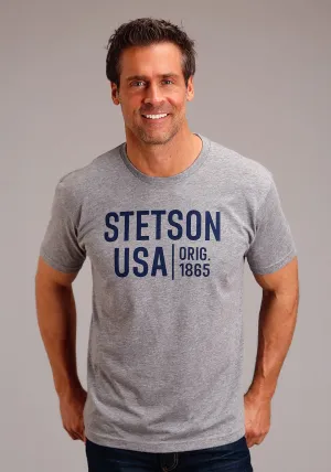 Stetson Mens Grey Cotton Blend Blue 1865 S/S T-Shirt Bold Style Eye-Catching Pattern Stetson Mens Grey Cotton Blend Blue 1865 S/S T-Shirt