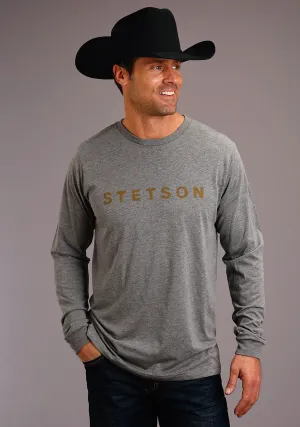 Stetson Mens Grey Cotton Blend Dark Gold Logo L/S T-Shirt Easy Layer Anti Pill Treatment Brunch Outfit Stetson Mens Grey Cotton Blend Dark Gold Logo L/S T-Shirt