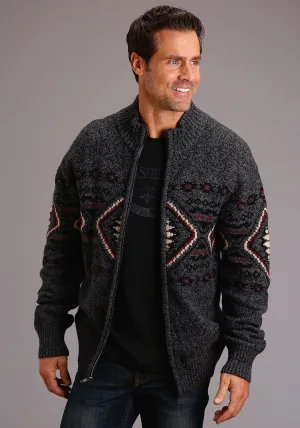 Stetson Mens Grey Cotton/Wool Diamond Knit Cardigan Side slits Mix-And-Match Contemporary Look Stetson Mens Grey Cotton/Wool Diamond Knit Cardigan
