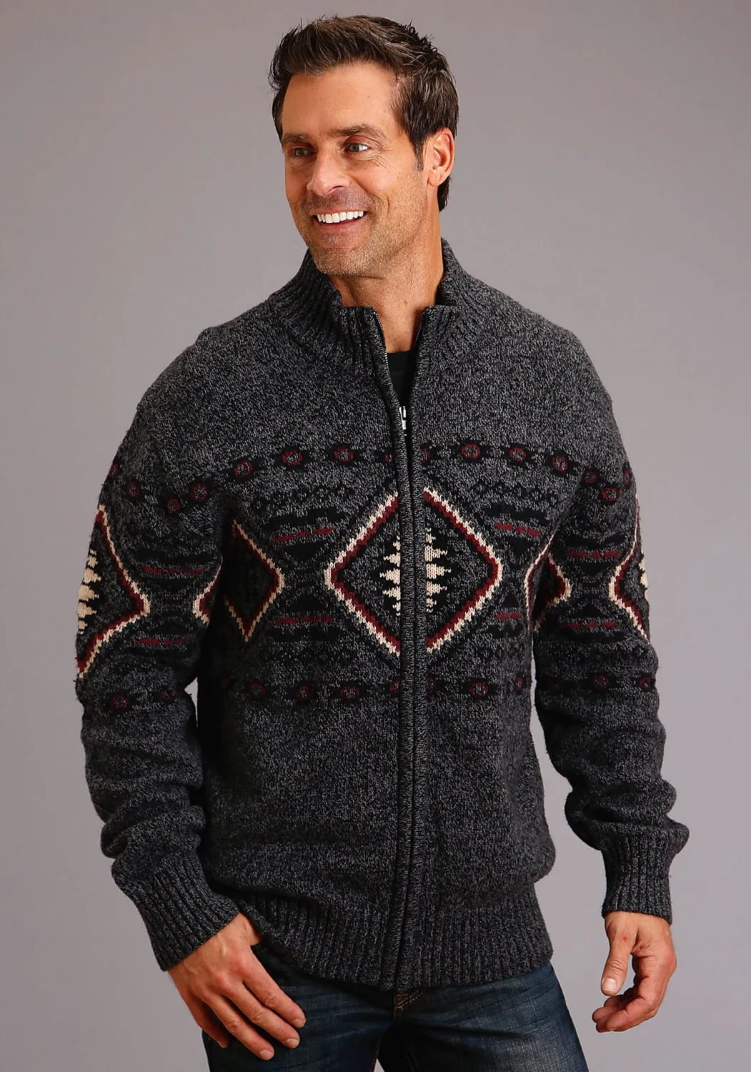 Sustainable production Stetson Mens Grey Cotton/Wool Diamond Knit Cardigan
