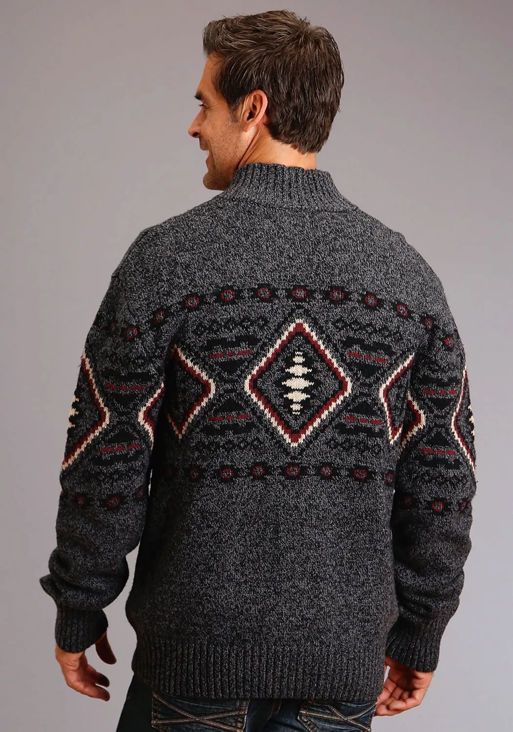 Adjustable Cuffs Stetson Mens Grey Cotton/Wool Diamond Knit Cardigan