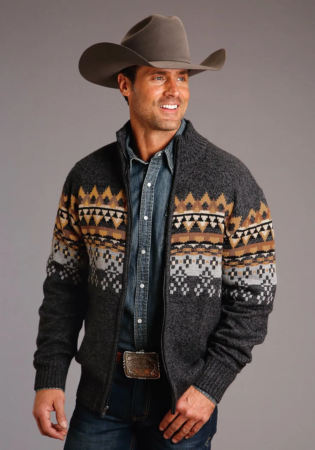 Stetson Mens Grey Multi Cotton/Wool Aztec Pattern Cardigan Stretch Material Timeless Wardrobe