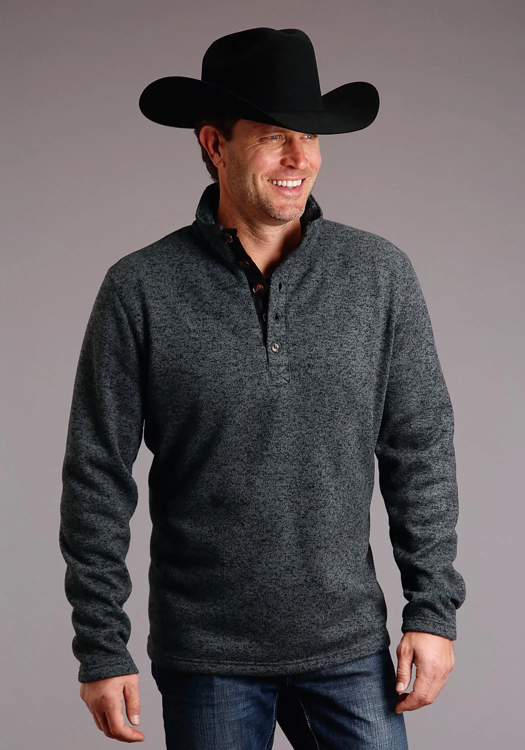 No Slip Shoulder Grip Stetson Mens Grey Polyester Bonded 1/4 Button Sweater