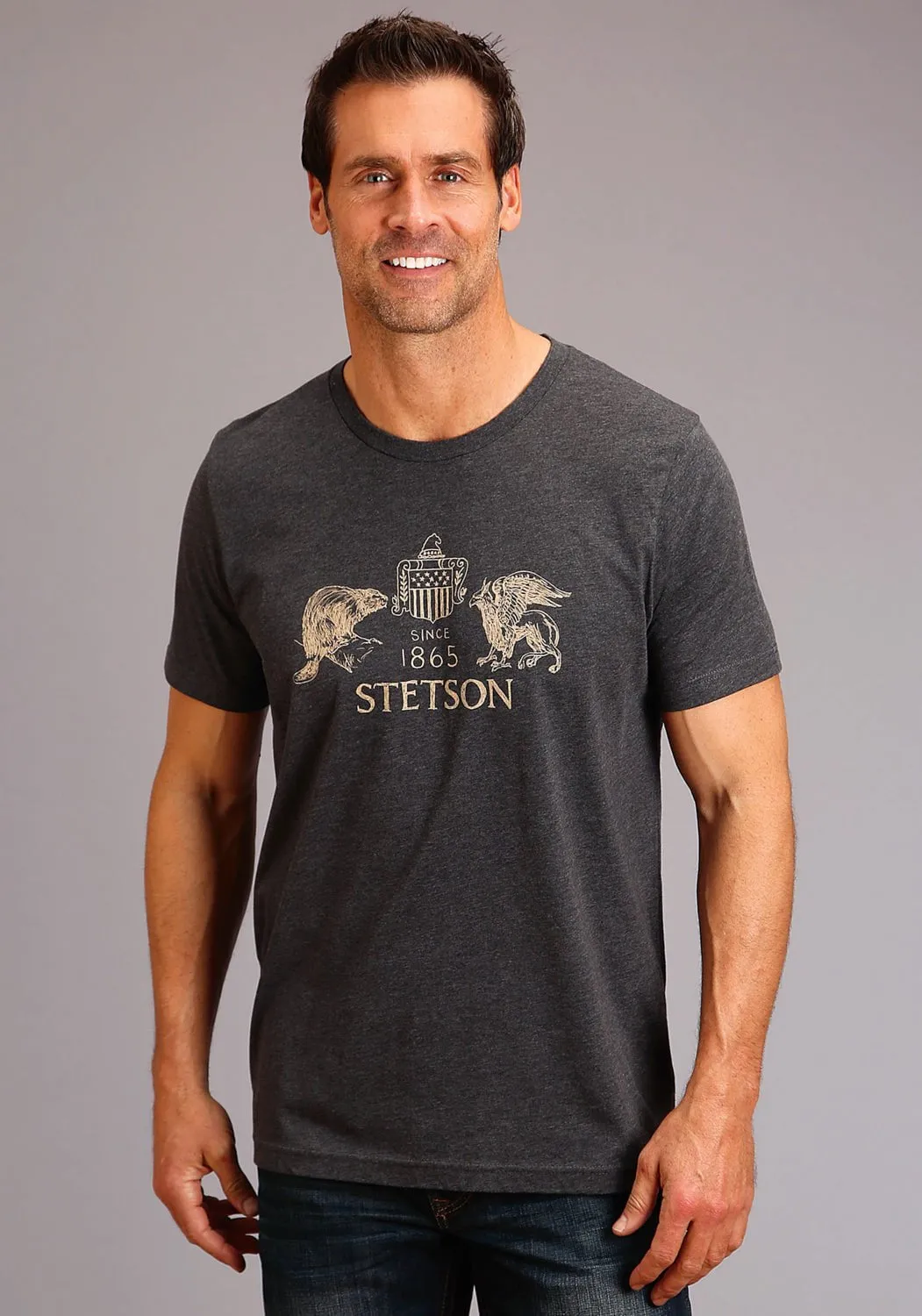 Layering Essential Stetson Mens Heather Grey Cotton Blend Logo Sketch S/S T-Shirt