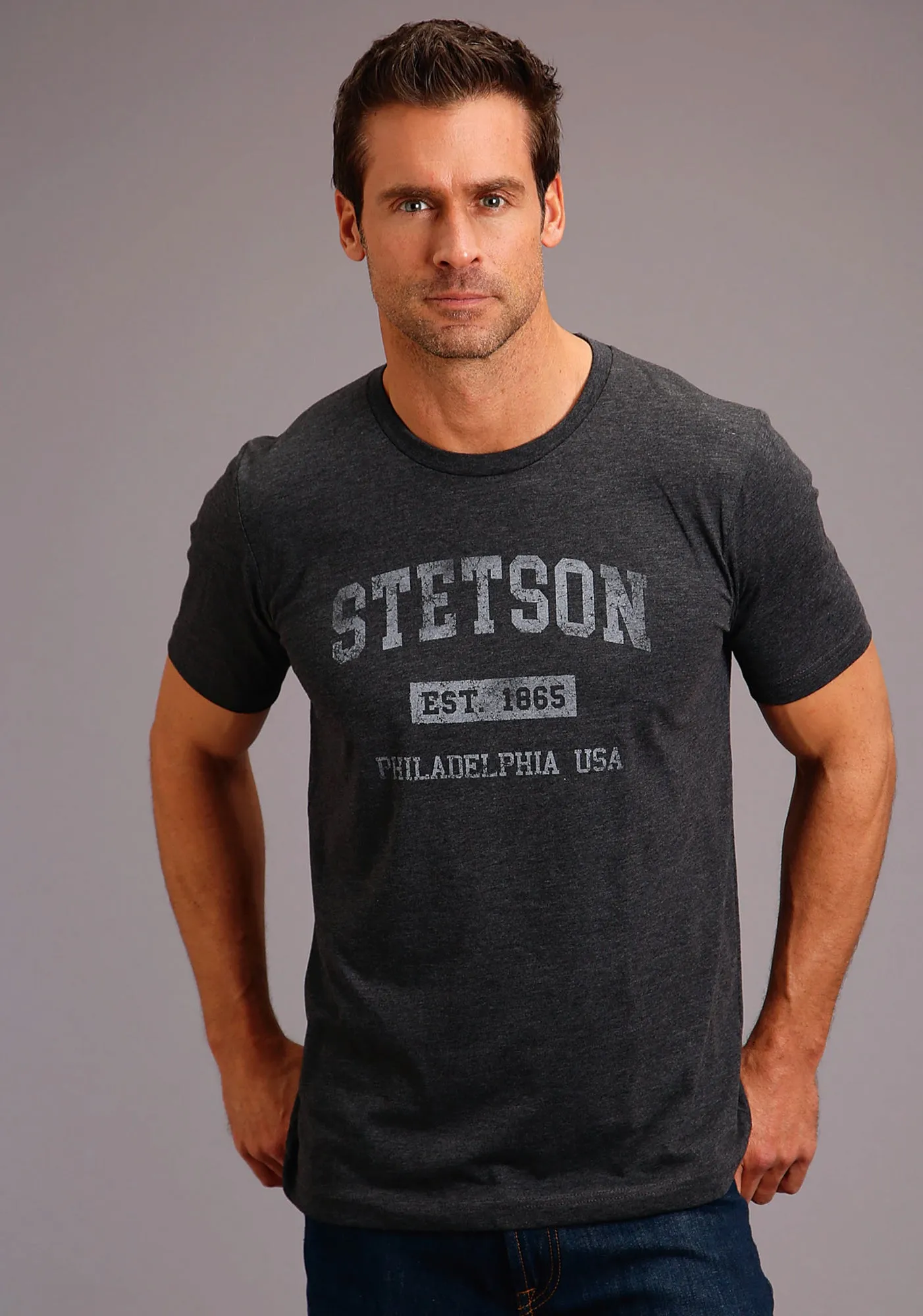 Stetson Mens Heather Grey Cotton Blend Philly S/S T-Shirt Minimalist Aesthetic