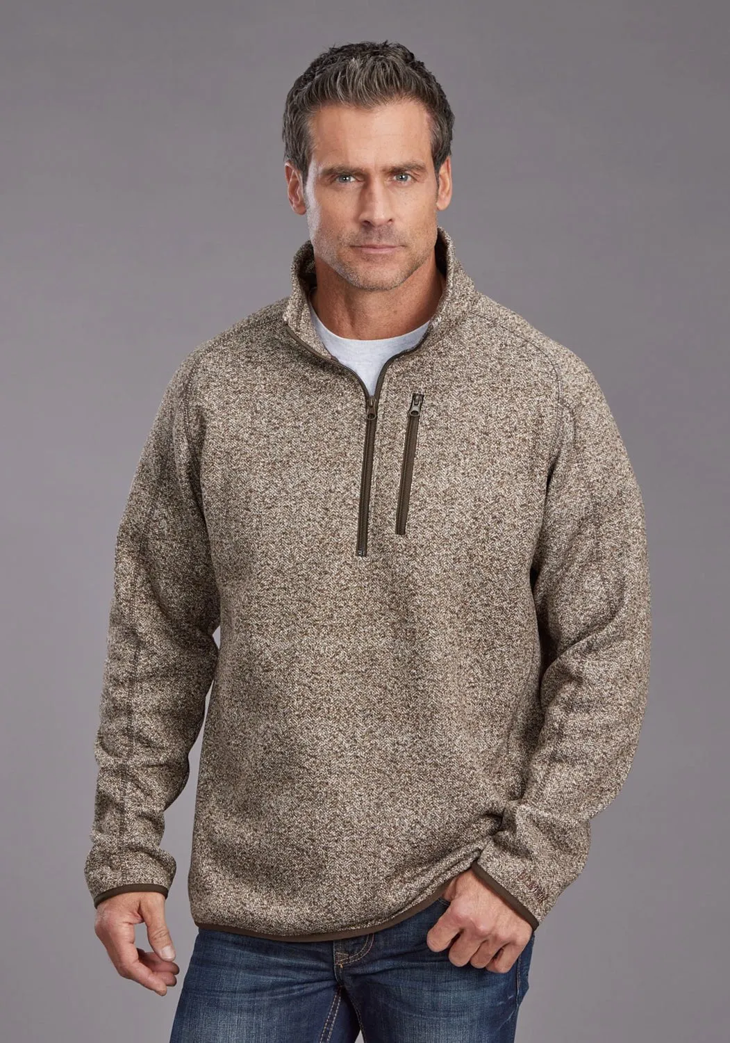 Stetson Mens Heather Herringbone Brown 100% Polyester Pullover Sweater handmade touch Flexible Knit