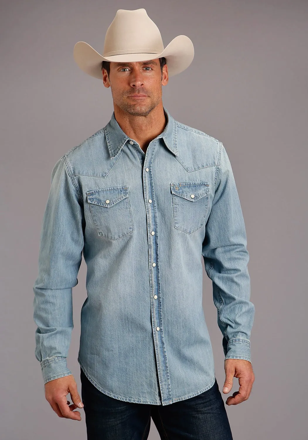 Local Favorite Stetson Mens Light Blue 100% Cotton Snap L/S Shirt