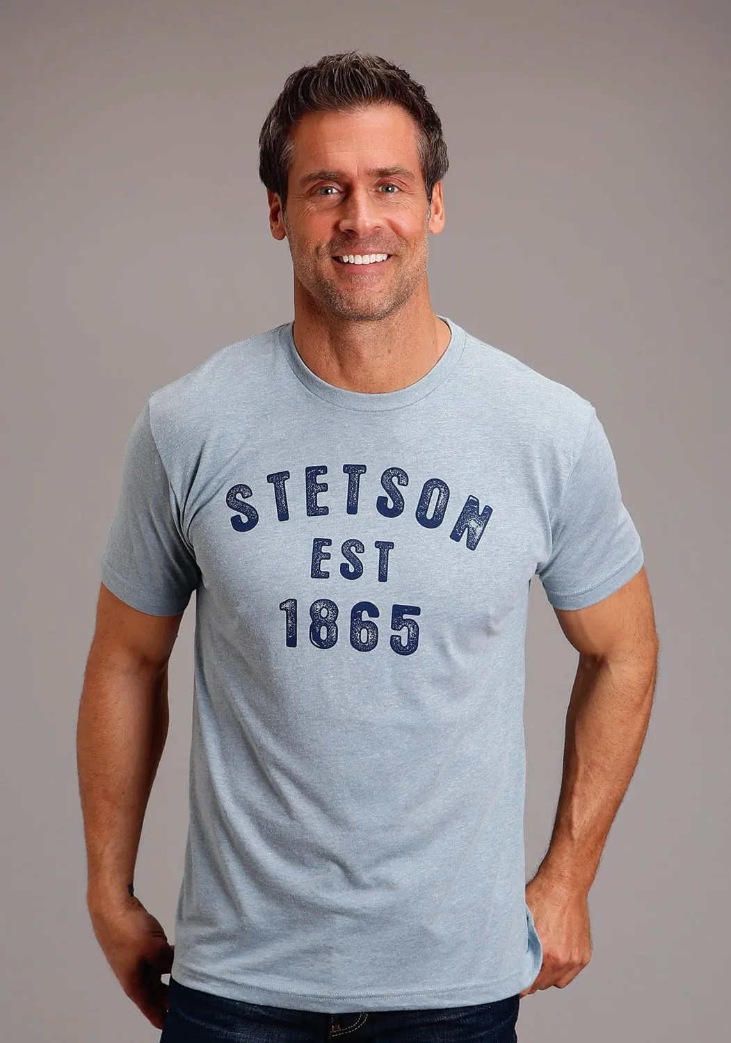Quality Look Anti Pilling Surface Stetson Mens Light Denim Cotton Blend Block Letters S/S T-Shirt
