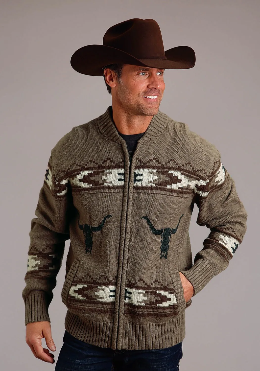Stetson Mens Long Horn Zip Brown Cotton/Wool L/S Cardigan Sweater Unisex style