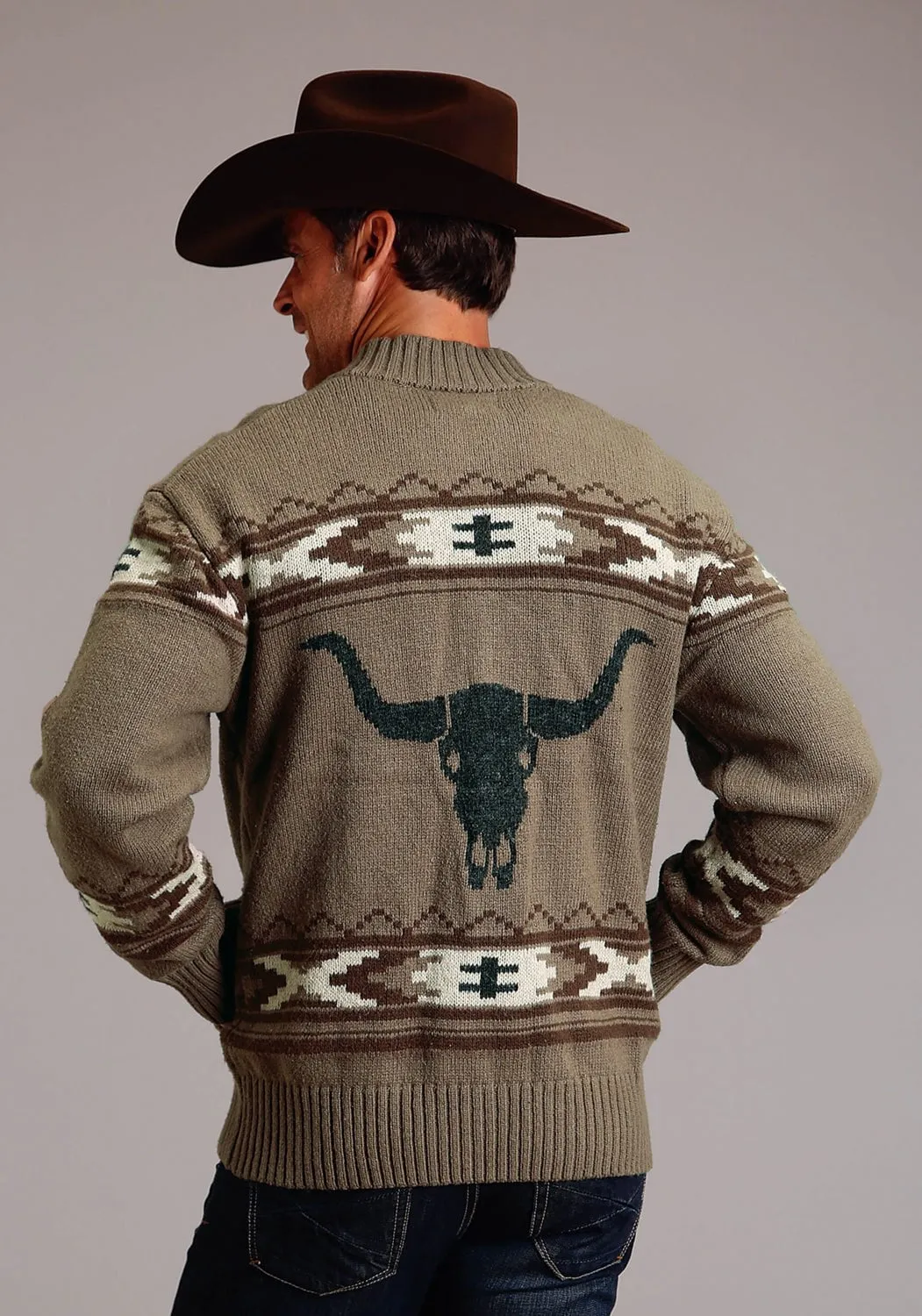 Refined Aesthetic Vibrant Colors Stetson Mens Long Horn Zip Brown Cotton/Wool L/S Cardigan Sweater