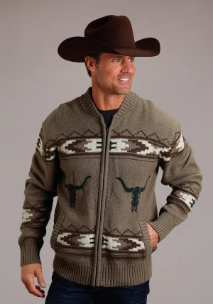 Stetson Mens Long Horn Zip Brown Cotton/Wool L/S Cardigan Sweater Airflow Optimized Weave Anti Static Finish Stetson Mens Long Horn Zip Brown Cotton/Wool L/S Cardigan Sweater