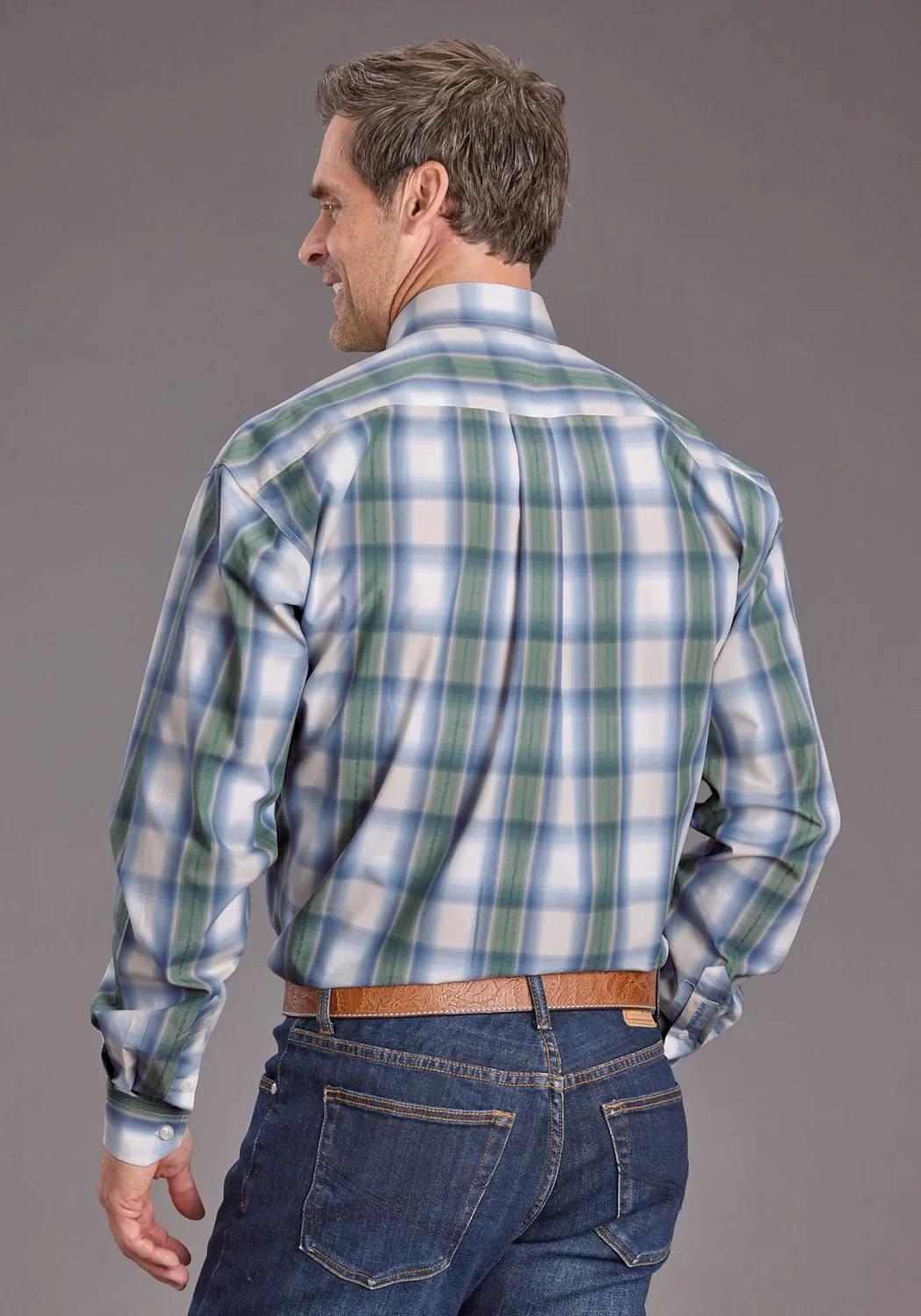 Stetson Mens Moss Dobby Plaid Blue 100% Cotton 1 Pkt L/S Shirt V-neck style