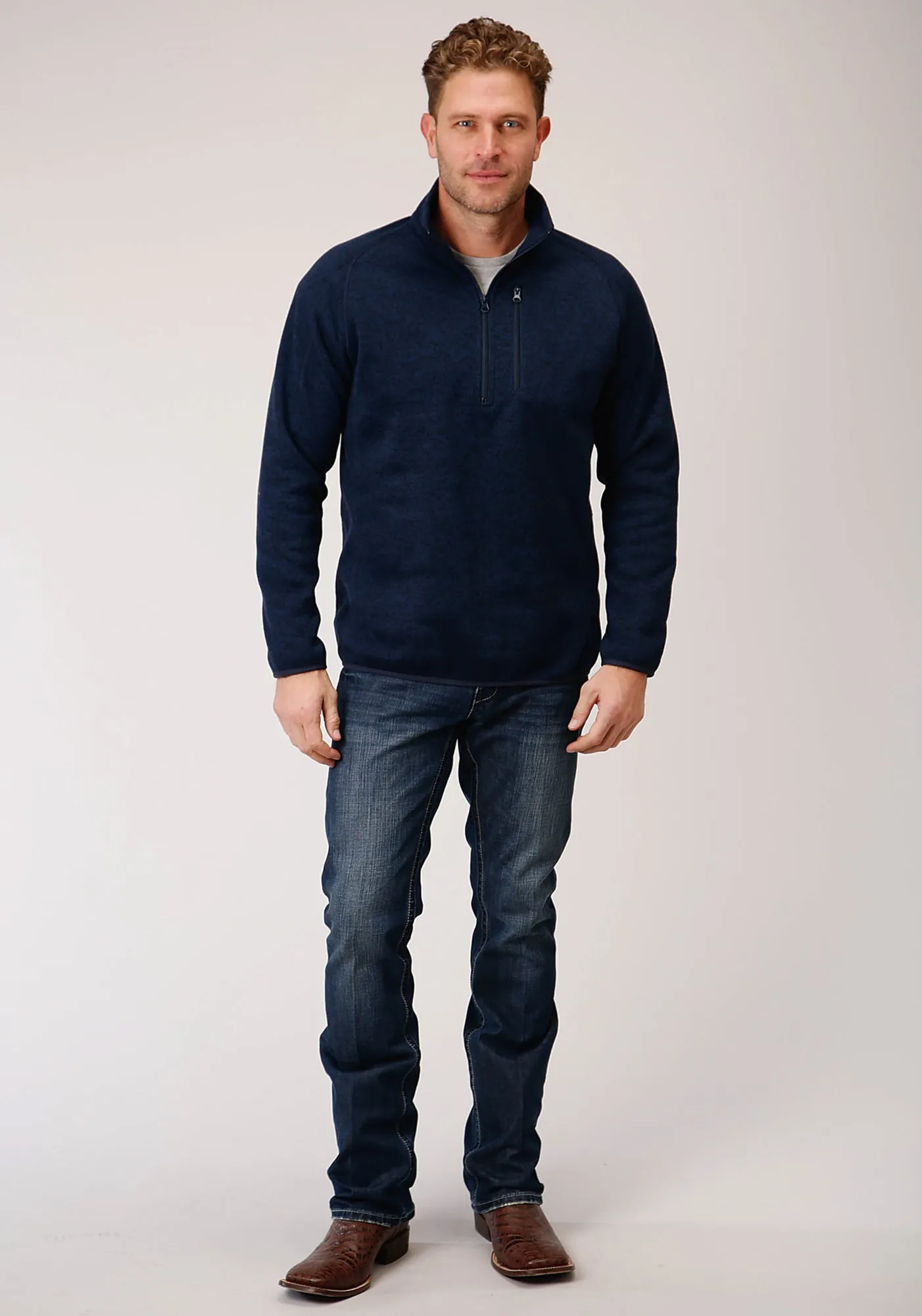 Stetson Mens Navy Polyester 1/4 Zip Pullover Sweater Unstructured Shoulder