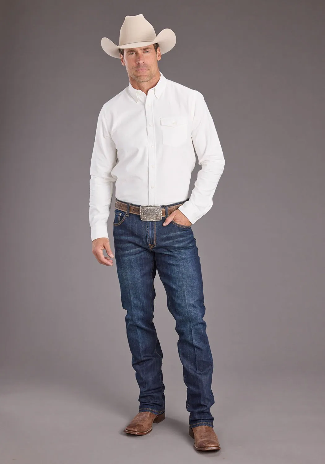 Embroidered Detail Corporate Event Stetson Mens Peached Oxford Off White 100% Cotton 1 Pkt L/S Shirt