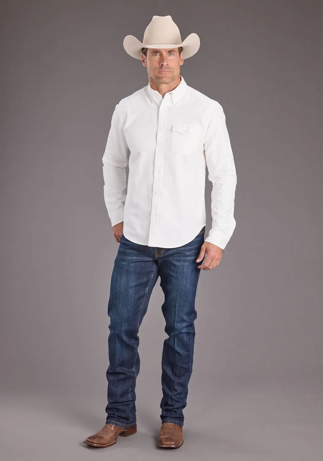 Stetson Mens Peached Oxford Off White 100% Cotton 1 Pkt L/S Shirt holiday season