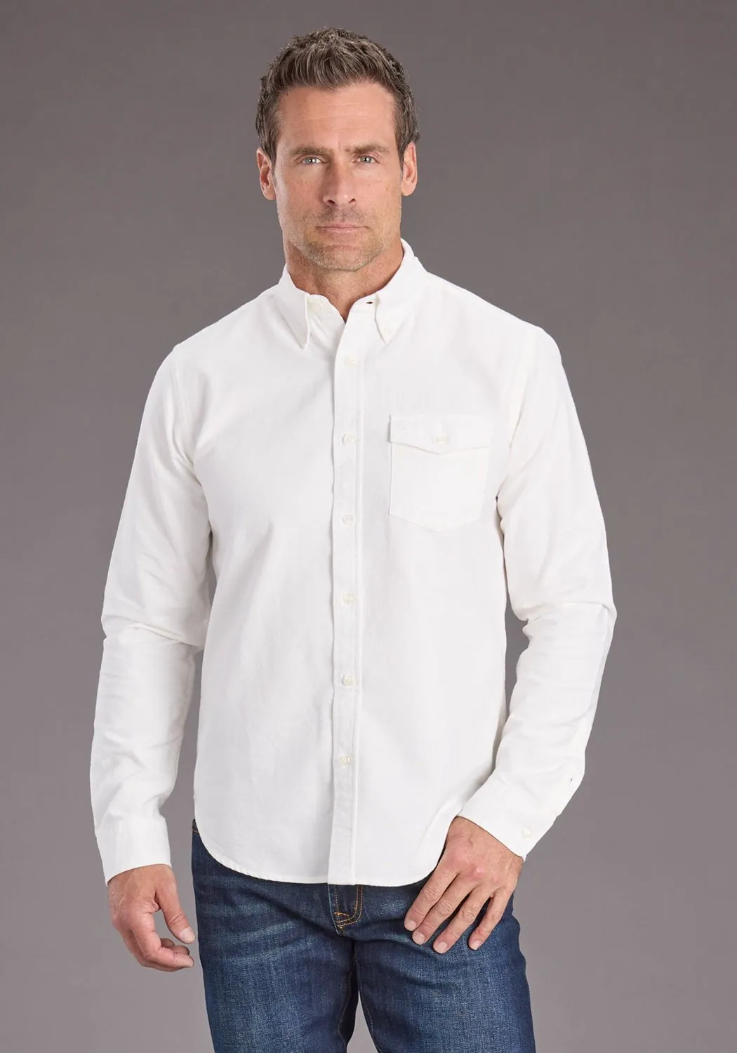 Unisex style Seasonal Essential Stetson Mens Peached Oxford Off White 100% Cotton 1 Pkt L/S Shirt