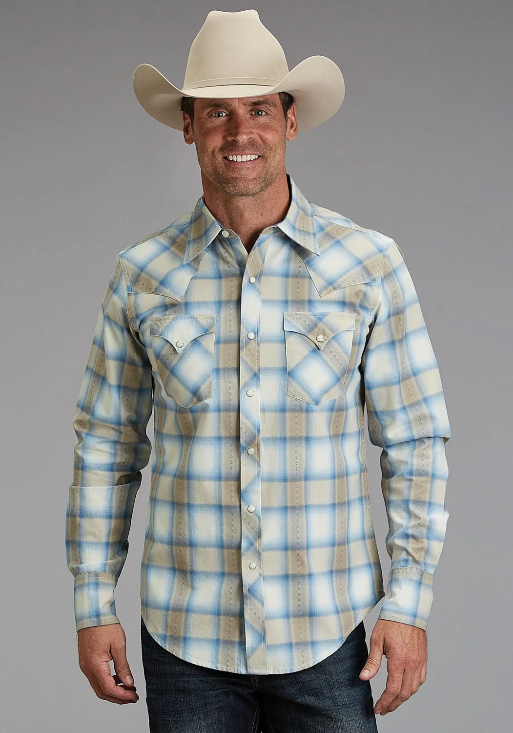 Functional Design Stetson Mens Sand Dobby Plaid Brown 100% Cotton L/S Shirt