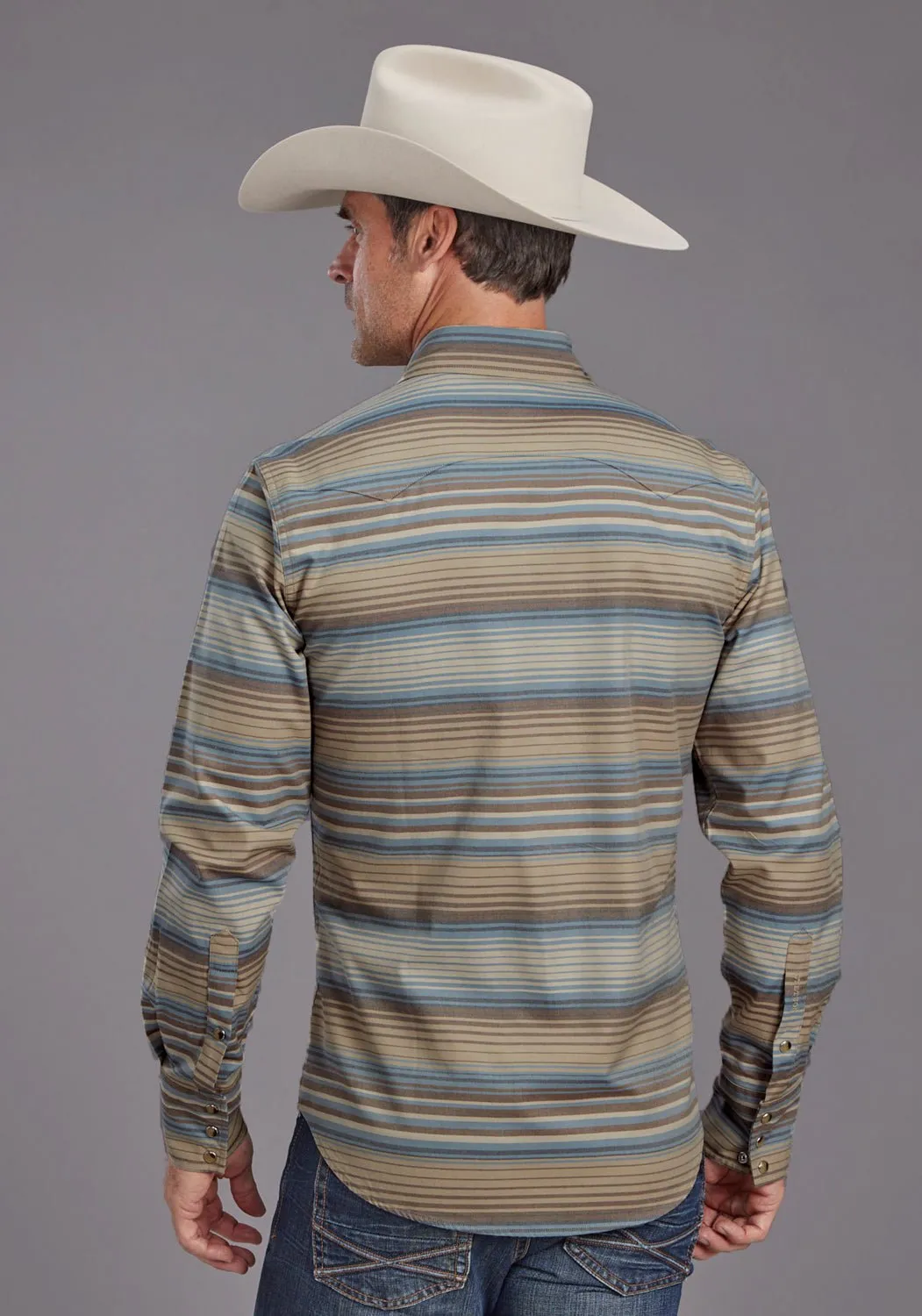 Flexible Shoulder Panels Stretchable Fabric Stetson Mens Serape Stripe Sand/Indigo 100% Cotton L/S Shirt