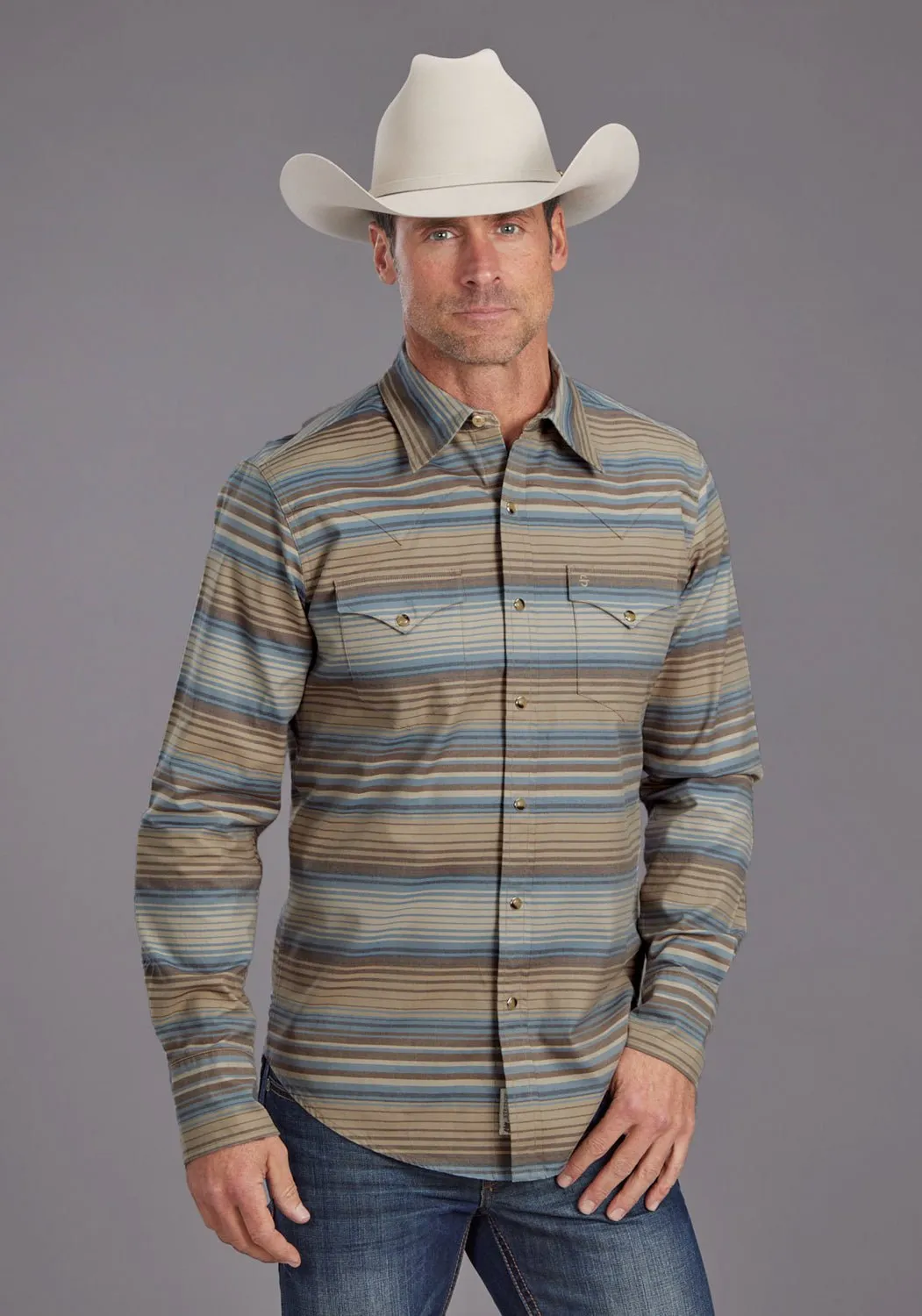 Shimmer Effect Stetson Mens Serape Stripe Sand/Indigo 100% Cotton L/S Shirt