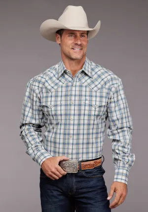Stetson Mens Shadow Dobby Plaid Blue 100% Cotton L/S Shirt Flexible Fit Street Chic Compact Fold Design Stetson Mens Shadow Dobby Plaid Blue 100% Cotton L/S Shirt