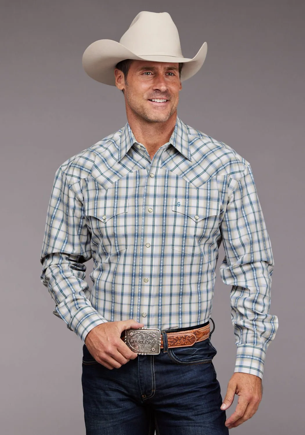 Stetson Mens Shadow Dobby Plaid Blue 100% Cotton L/S Shirt formal dinner Textured Finish